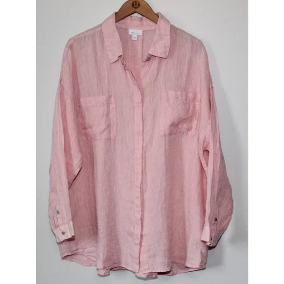 J. Jill Love Linen Button Up Tunic Top Double Pocket Pink XL Blouse Lagonlook - Picture 11 of 16